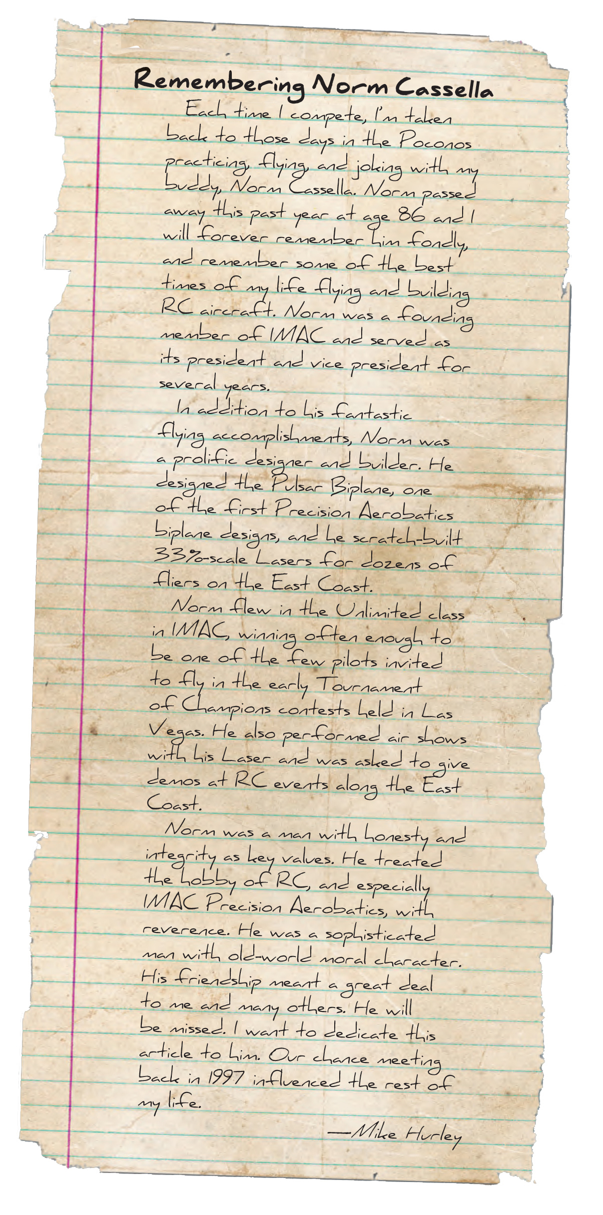Handwritten text on lined paper, titled "Remembering Norm Cassella."