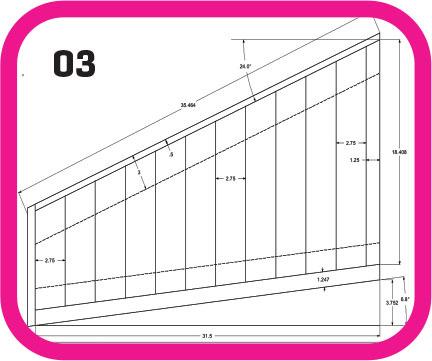 Architectural drawing of a sloped roof with measurements, number 03, pink border.