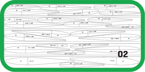 Blueprint with numbered airplane parts and green border, labeled "02".