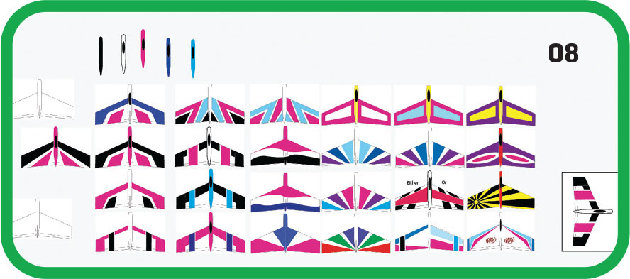 Kite designs with various colorful patterns and a small numbered label "08".