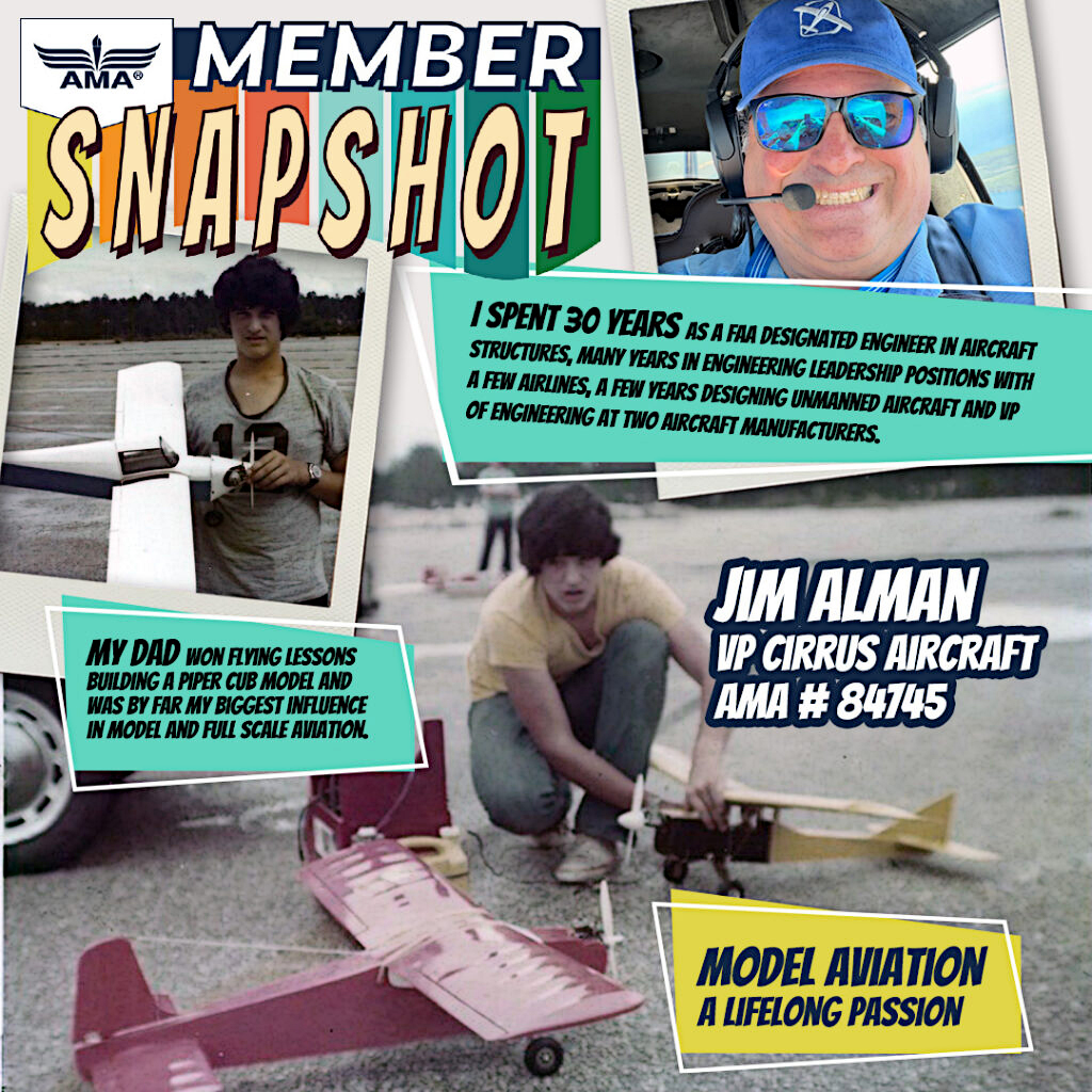 "Member Snapshot" collage with model planes and Jim Alman.