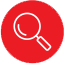 Magnifying glass icon in red circle.