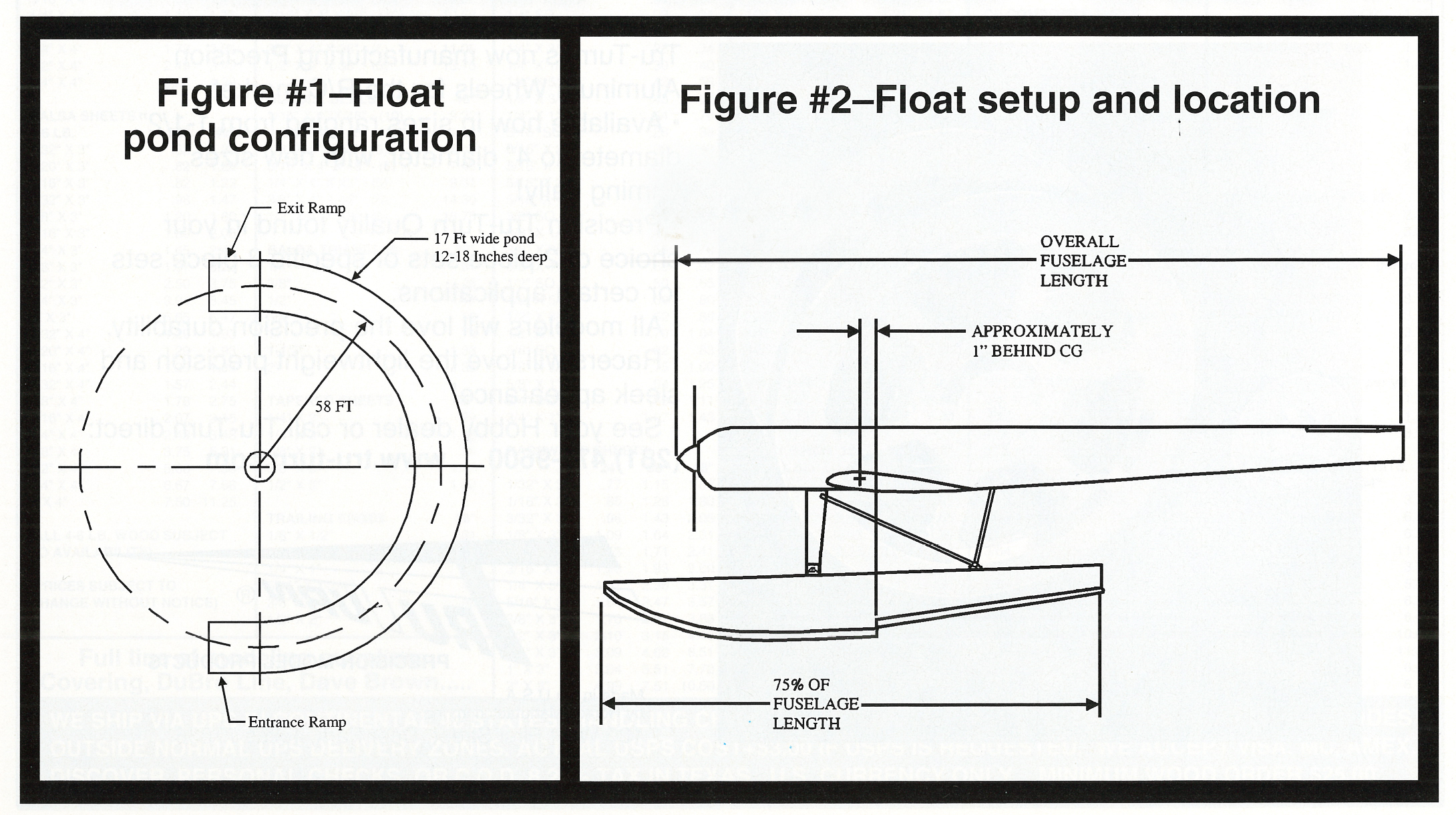 Float pond configuration and setup diagrams with measurements and labels.
