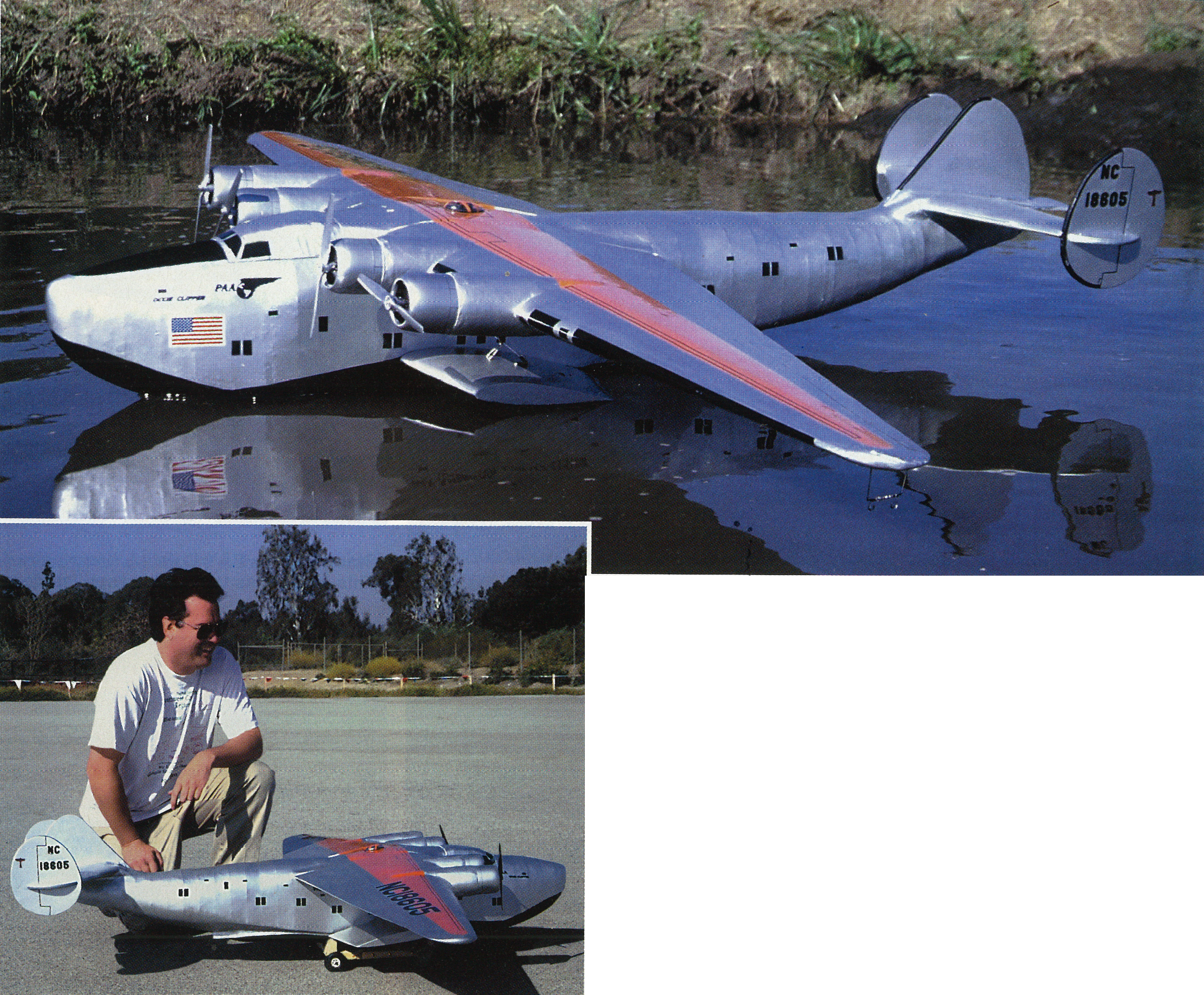 Large model plane on water; inset shows man with similar plane model on land.