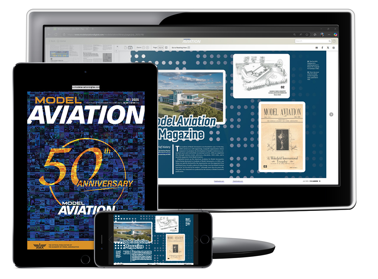 Tablet, phone, and laptop displaying "Model Aviation" magazine.