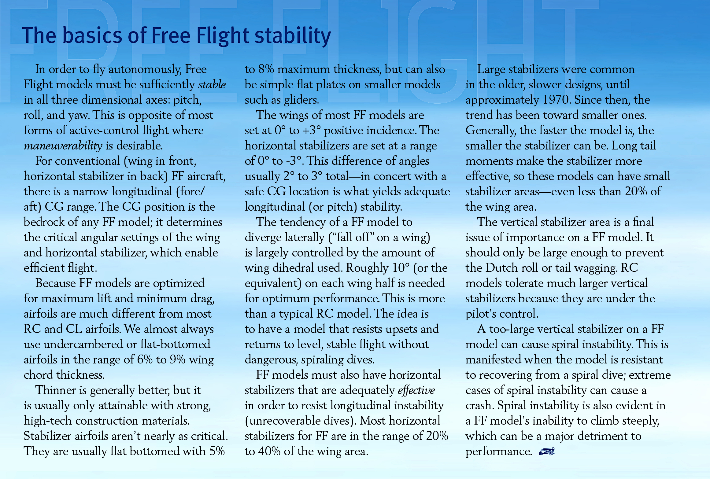 The basics of free flight stability, text on a blue sky gradient background.