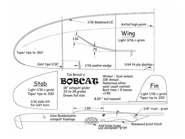Bobcat glider design schematic with measurements and parts labeled.