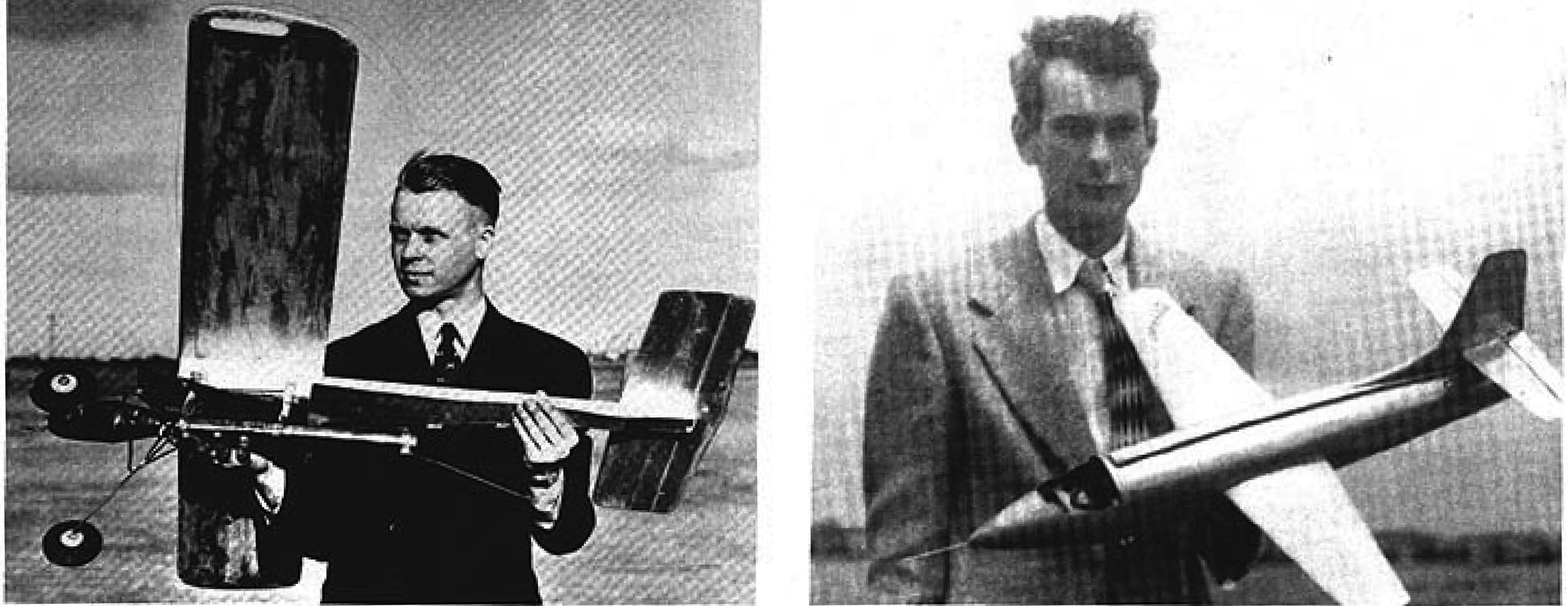 Two vintage photos: men holding model airplanes, dressed in suits.