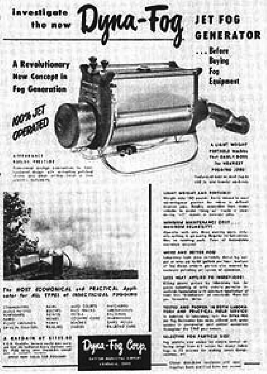 Dyna-Fog jet fog generator with ad text and black-and-white photo of fogging equipment.