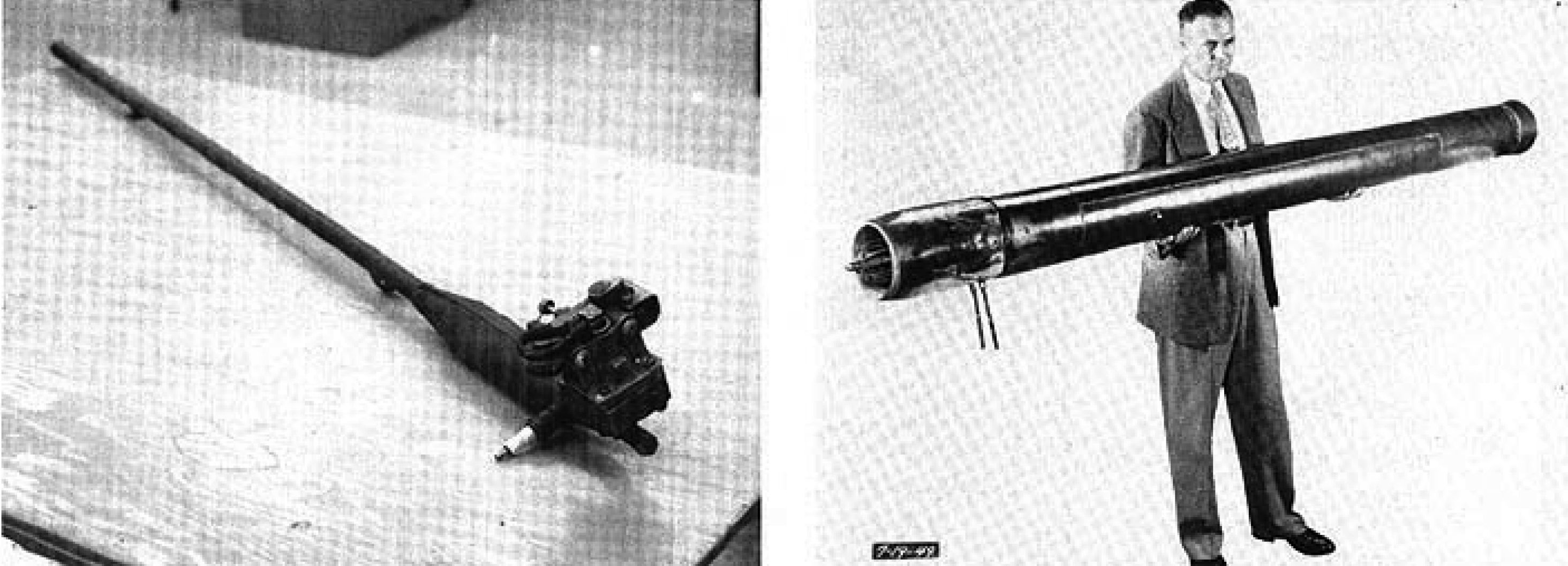 Two black-and-white photos of men holding large, long guns.