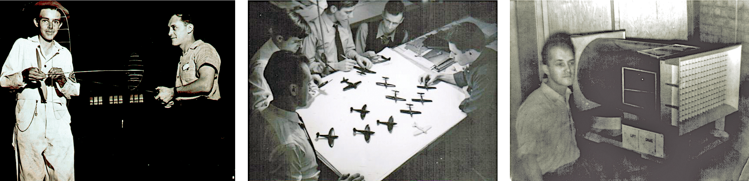 Two people in uniform, soldiers around a strategy table, a man with vintage machinery.