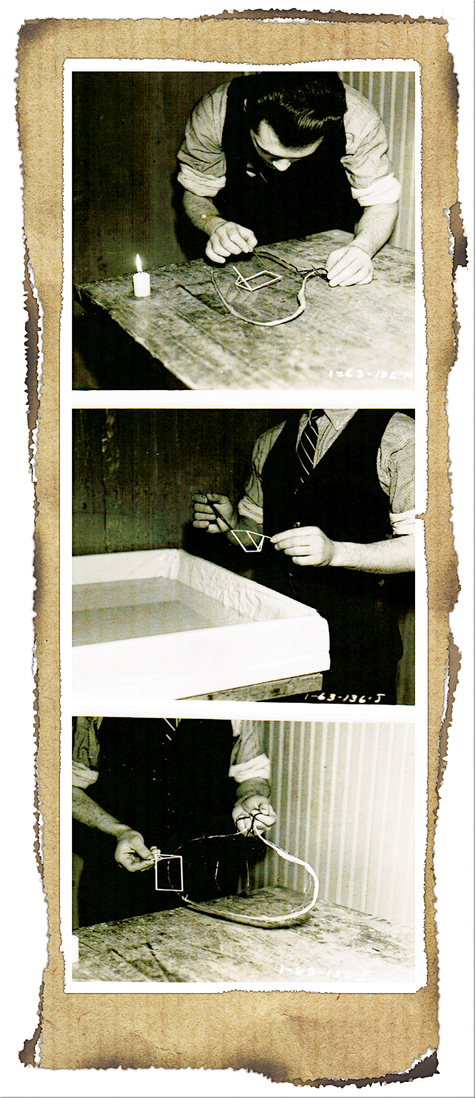 Three vintage photos show a person working with paper and tools.