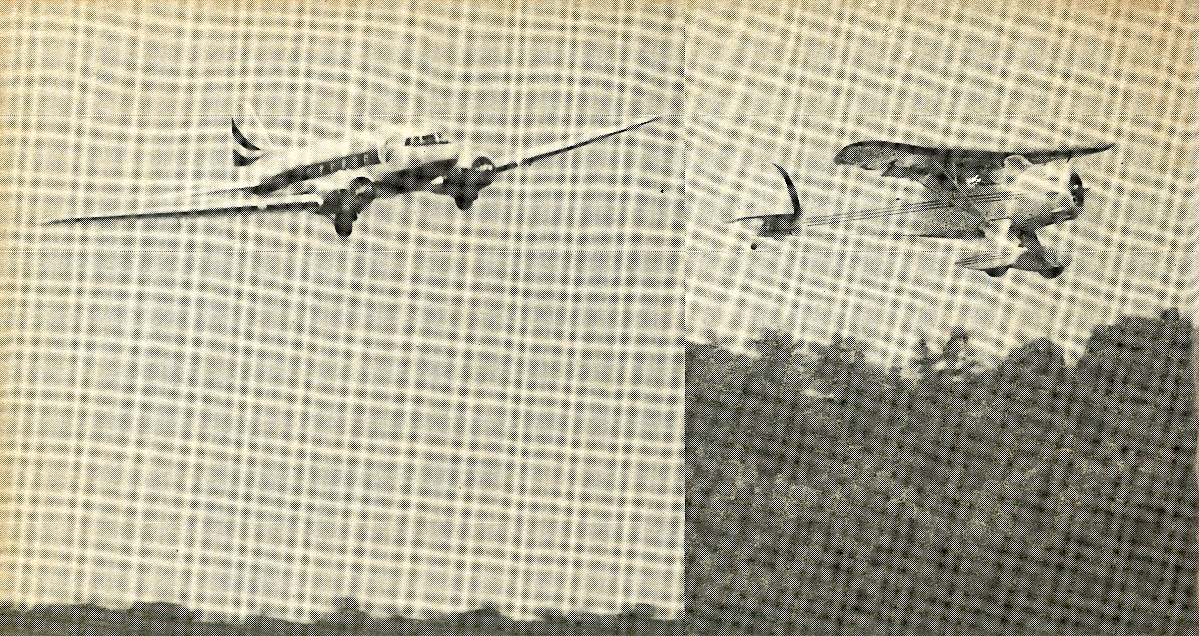 Two vintage airplanes flying against a cloudy sky, trees below.