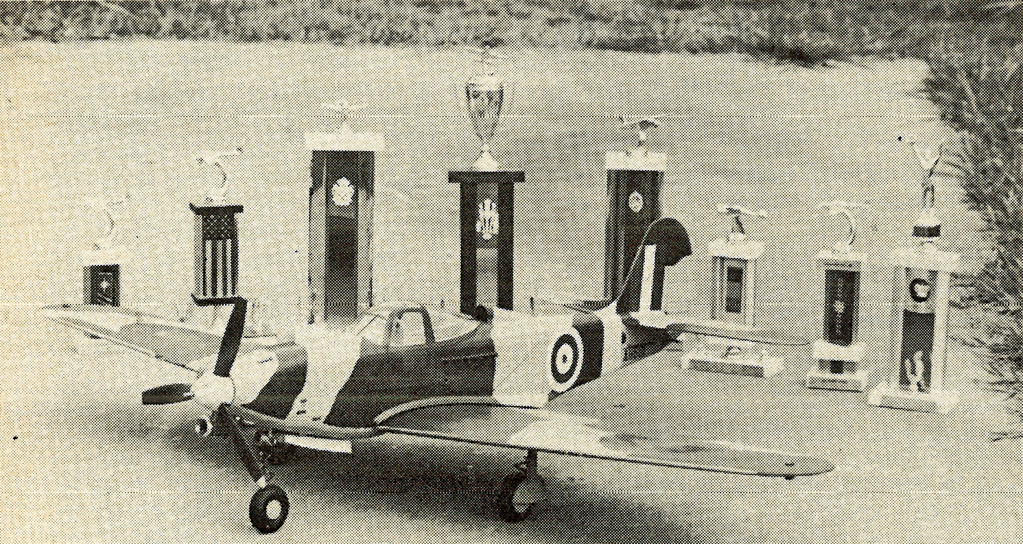 Plane model with roundel insignia, set before a row of trophies on a grassy area.
