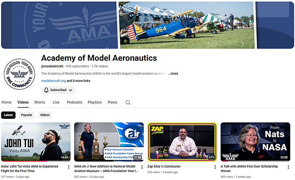 Academy of Model Aeronautics YouTube channel with videos and banner showing model planes.