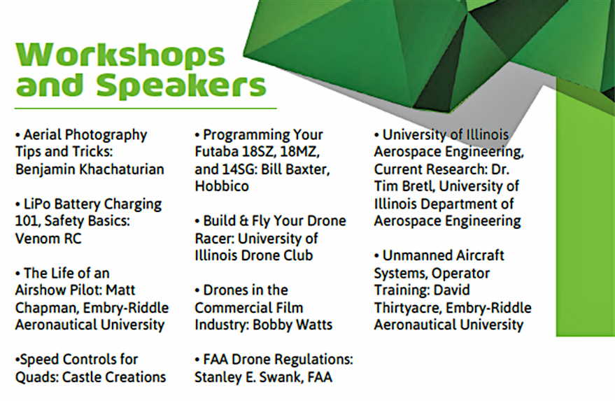 Workshops and Speakers list with green geometric background.