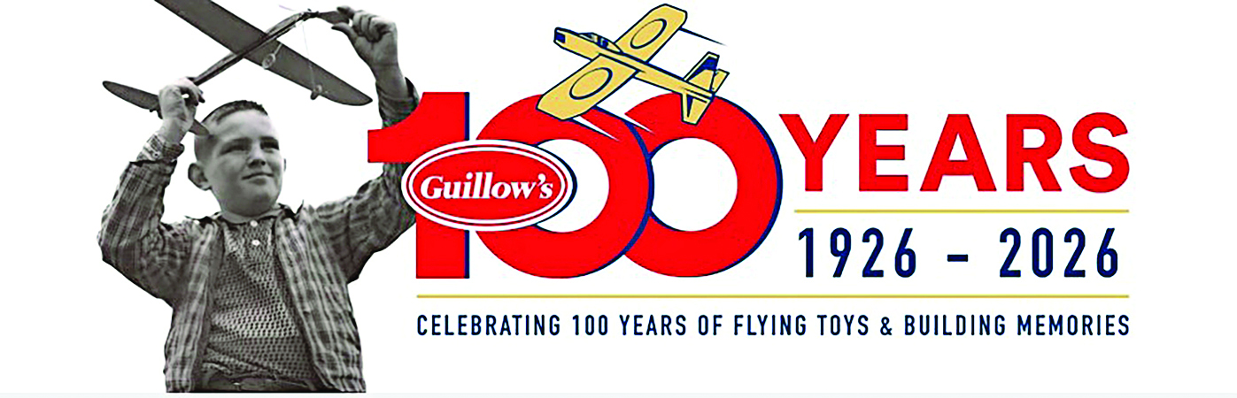 100 YEARS 1926-2026, celebrating flying toys. Man holding model plane, colorful logo.