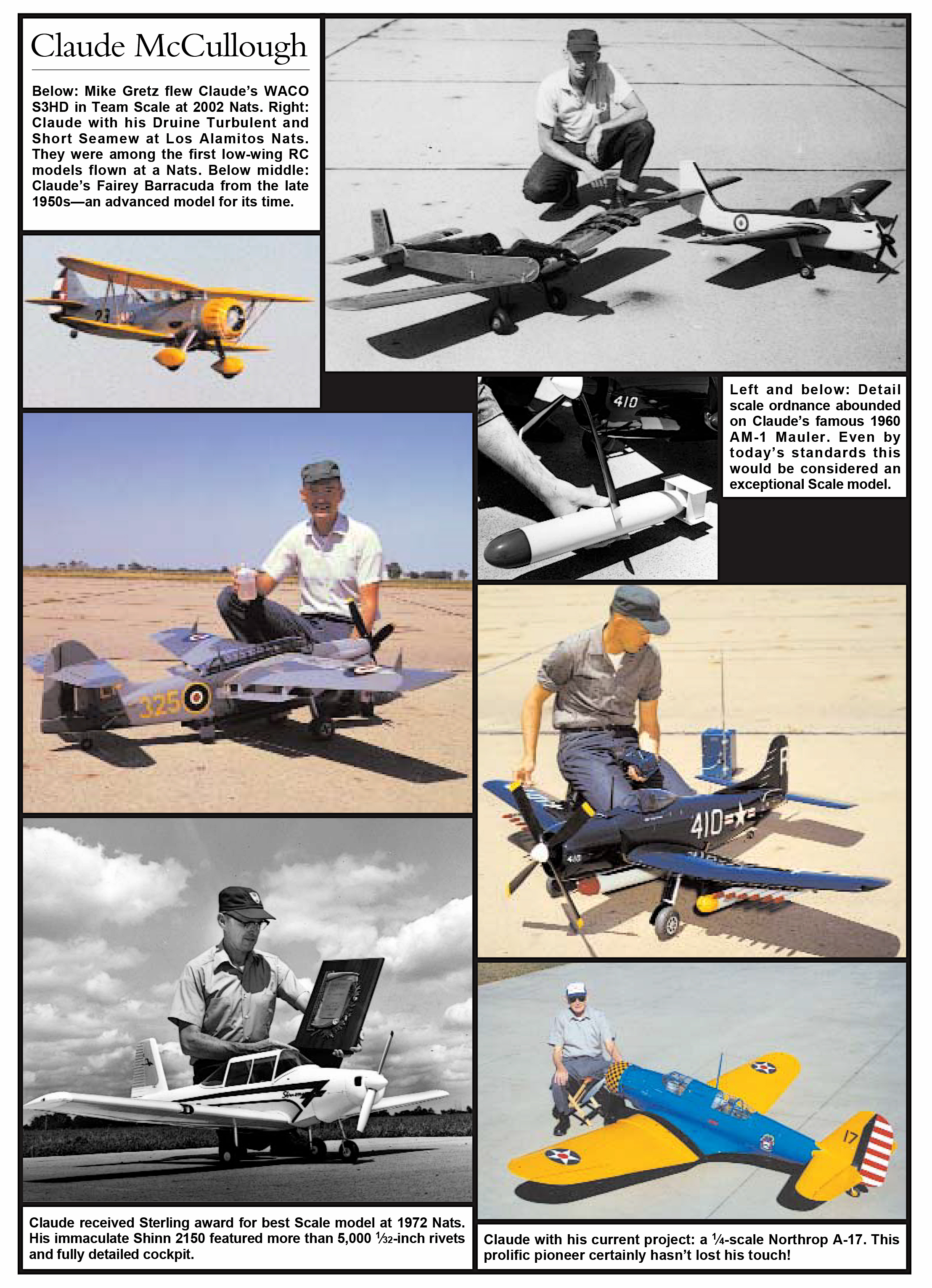 Claude McCullough with model airplanes, various sizes and colors in collage of photos.
