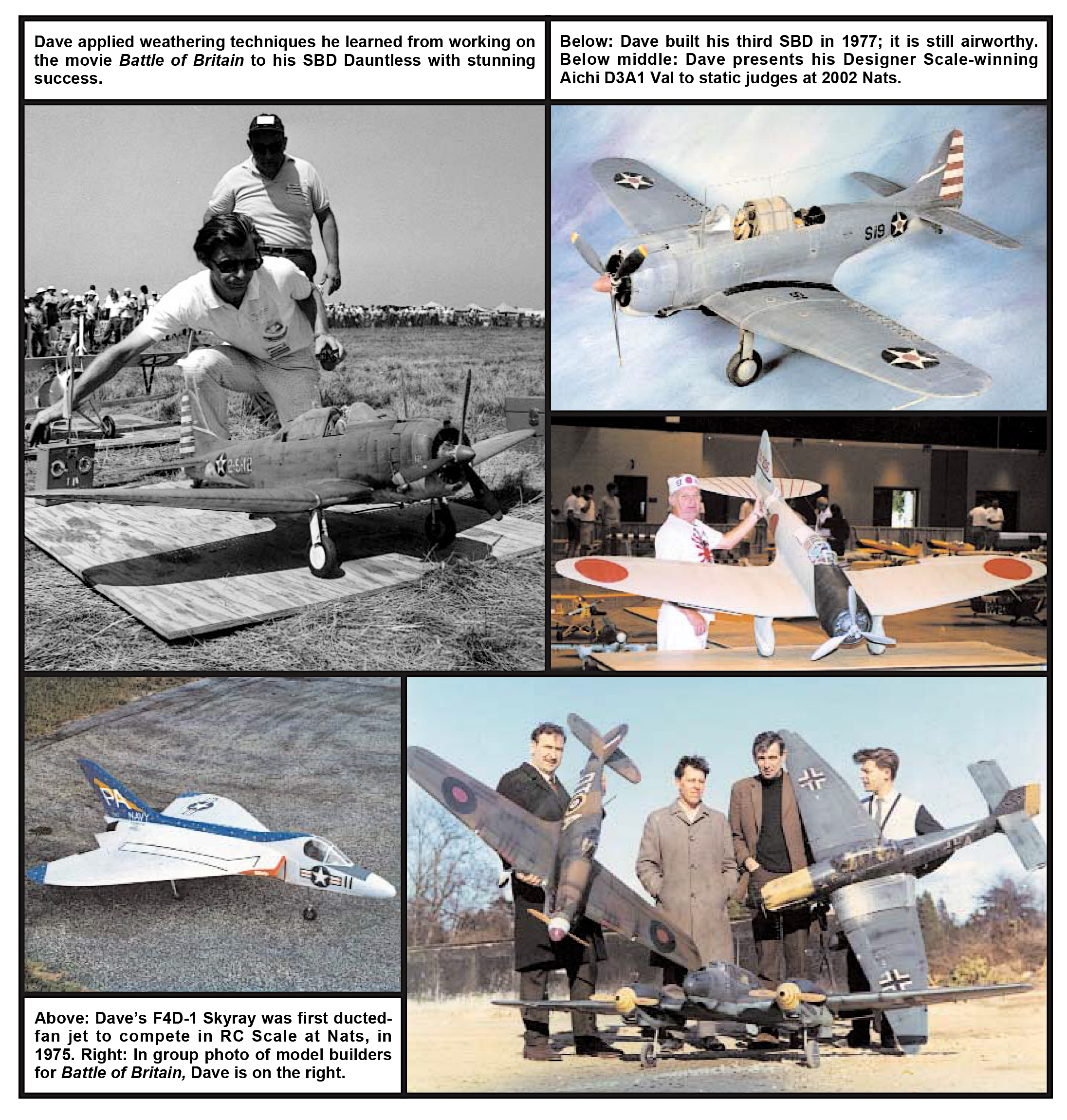 Black and white photo of men launching a model plane next to three color images of model aircrafts.