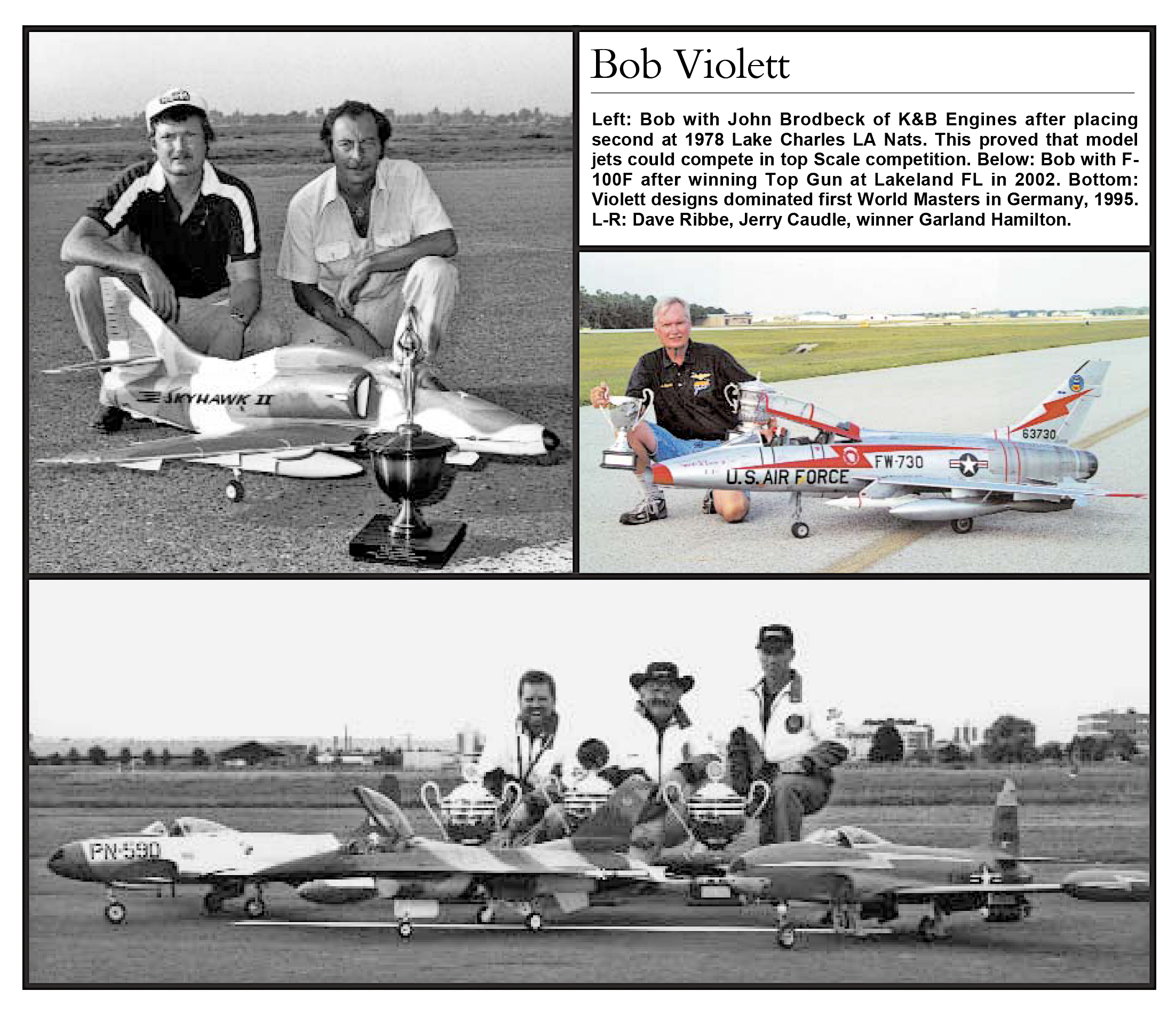 Three photos of men with model airplanes, including Bob Violet, text above.