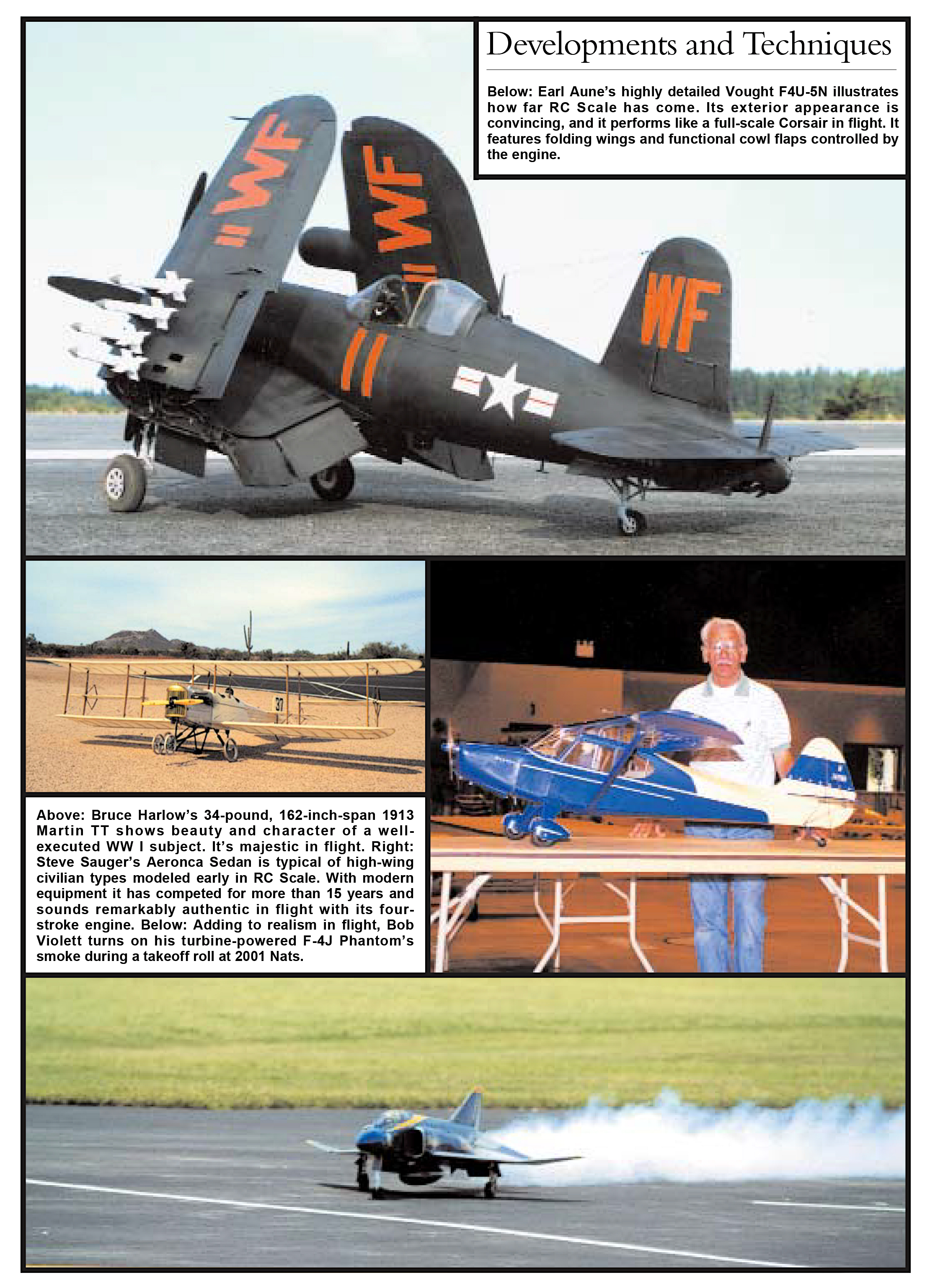 Black WWII-era military aircraft on runway; text about developments and techniques.