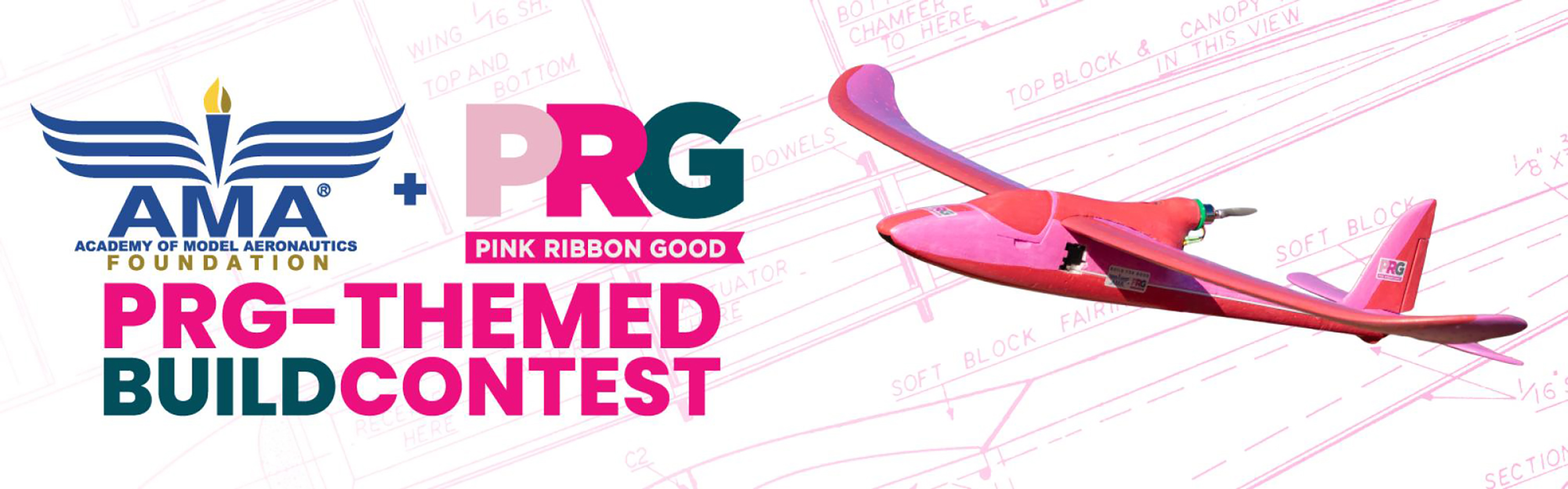AMA and PRG logos, text: PRG-Themed Build Contest, pink glider silhouette.