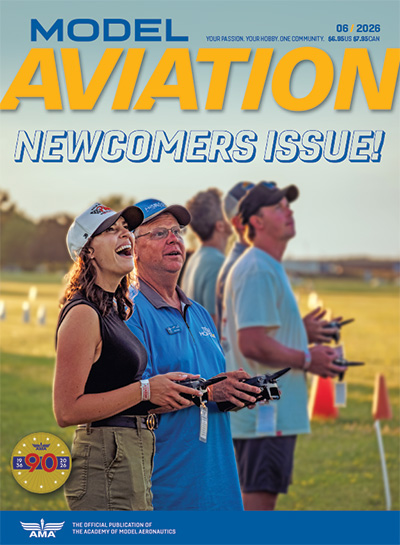 Model Aviation magazine cover, Newcomers Issue, people flying model planes.