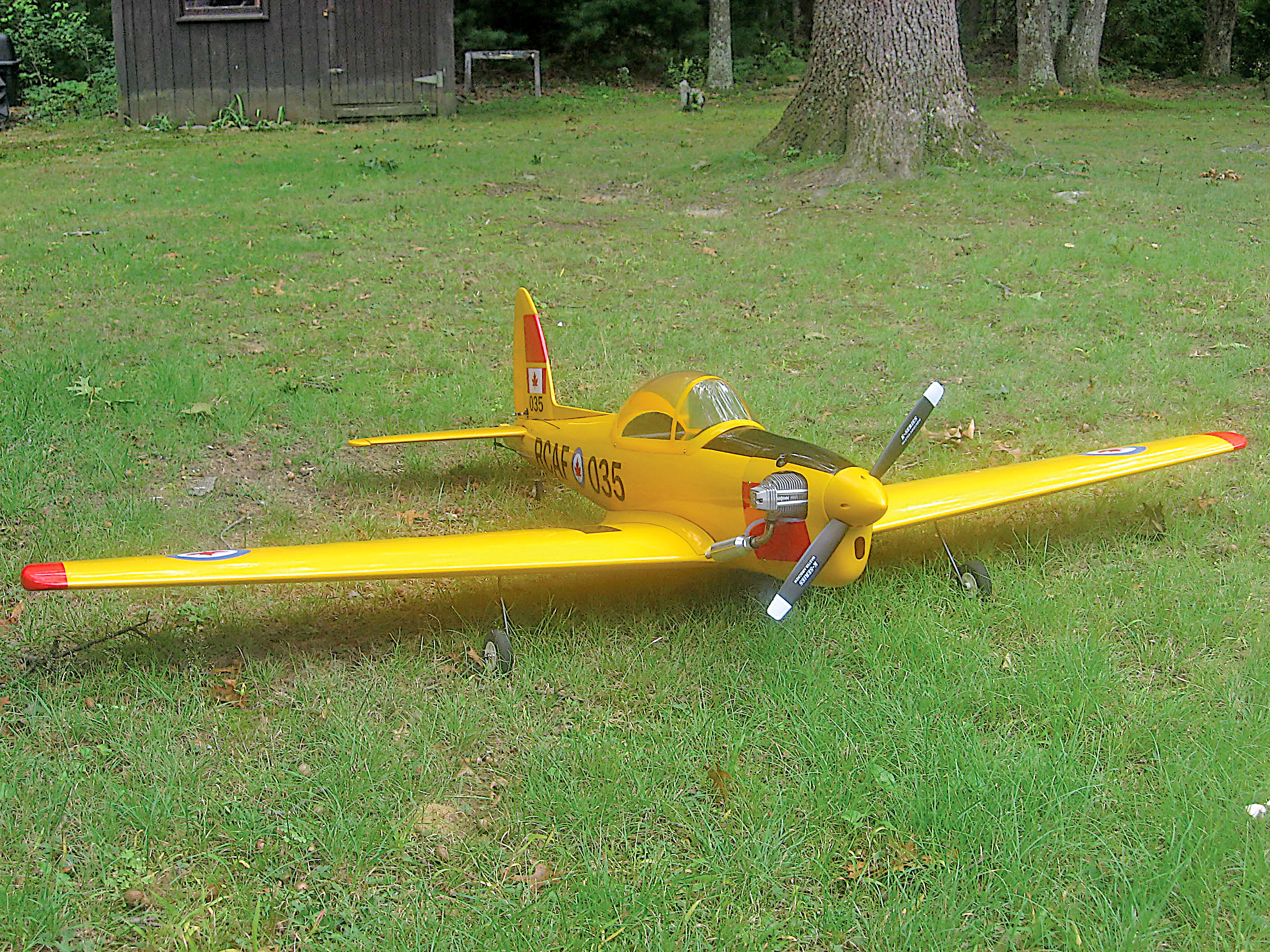 Yellow model airplane with propeller on grass, near trees and a wooden shed.