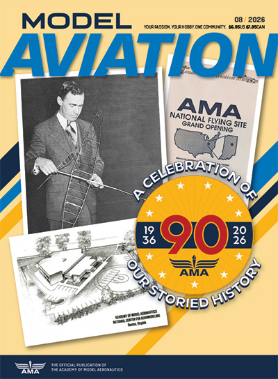 Model Aviation magazine cover, AMA's 90th anniversary, vintage photos, blue and yellow design.