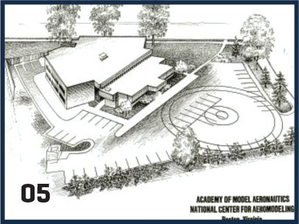 Architectural sketch of a model aeronautics center, labeled 05.