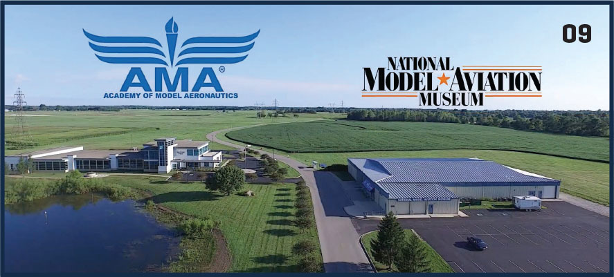 AMA logo, National Model Aviation Museum, aerial view of museum buildings and fields.