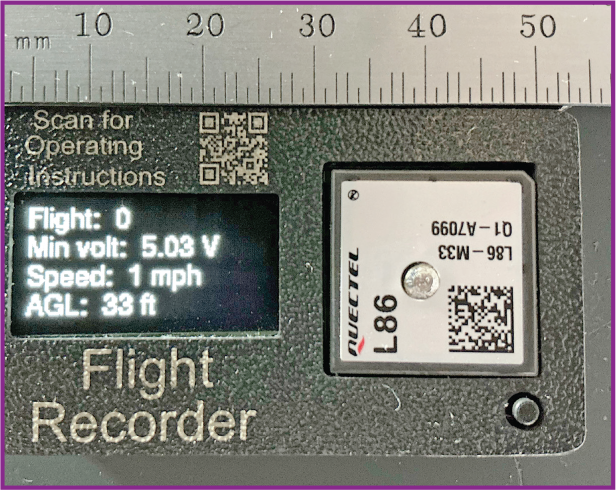 Flight recorder displaying flight, voltage, speed, and altitude data.
