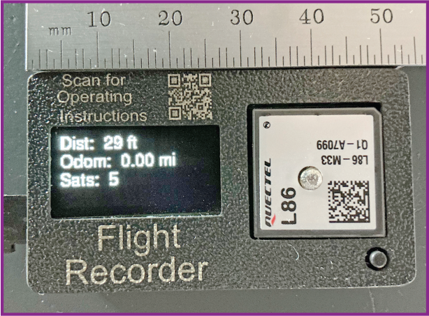Flight Recorder with digital display, Dist: 29 ft, Odom: 0.00 mi, Sats: 5.