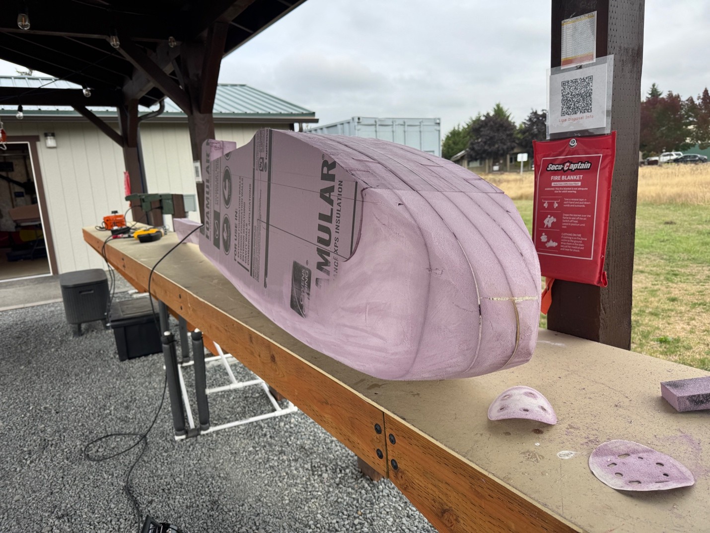 Early stages of giant AeroScout build shows fuselage in pink construction foam 