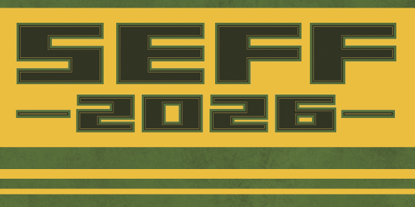 SEFF 2026 logo, green text on yellow with stripes.