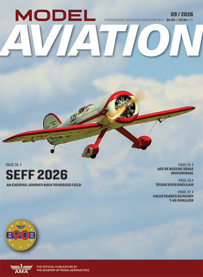 Model Aviation magazine cover with a red model plane in flight, text "SEFF 2026".
