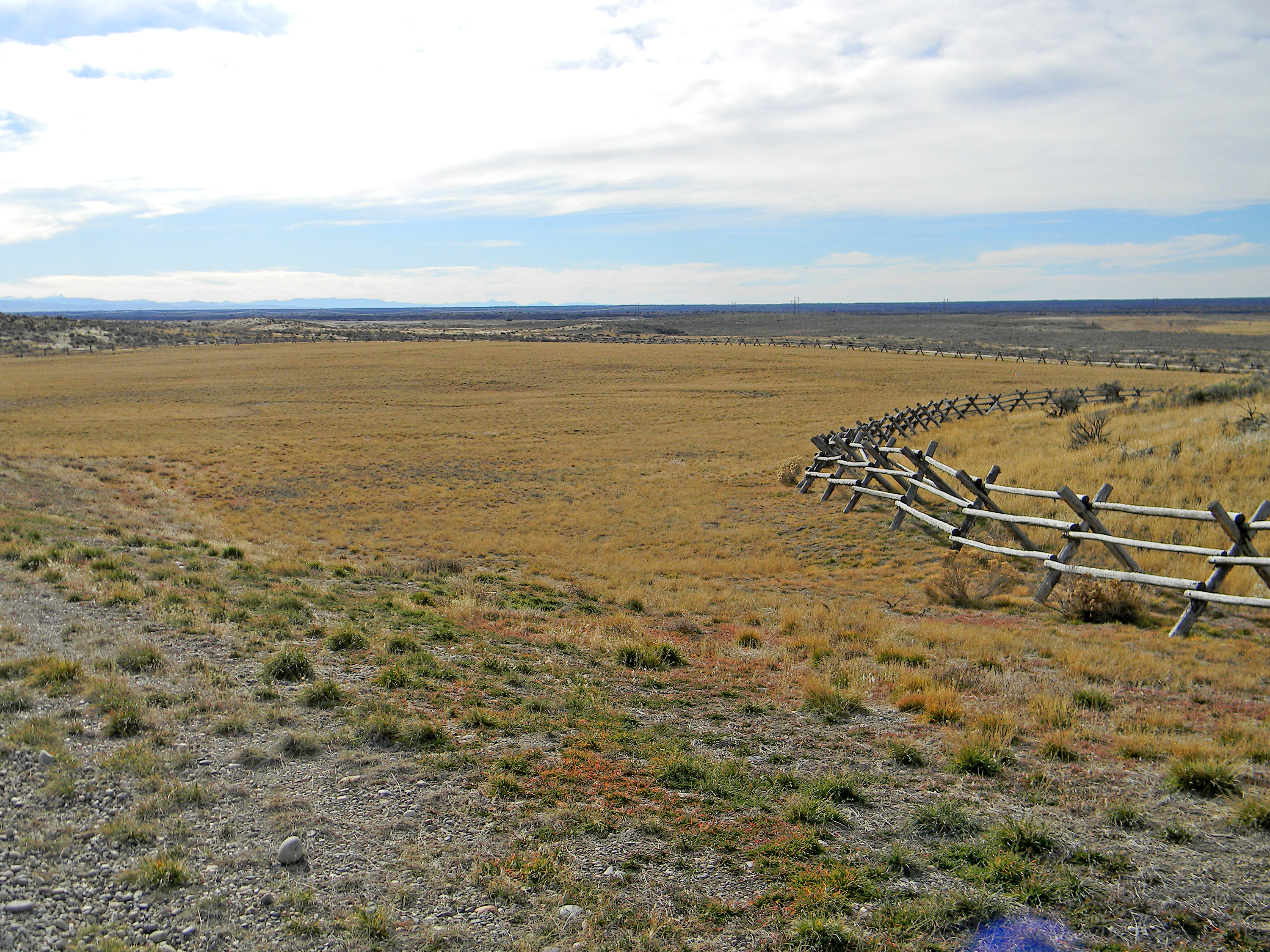 Vast grassy field with a wooden fence under a cloudy sky.