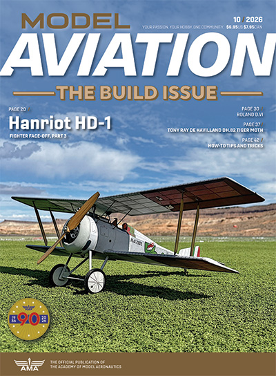 Model Aviation magazine cover with vintage biplane on grass field.