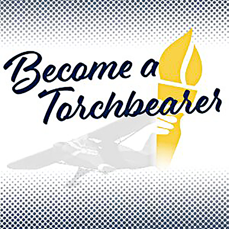 "Become a Torchbearer" text with a yellow torch graphic.