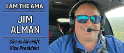 Man smiling in an airplane cockpit, text reads "Jim Alman, Cirrus Aircraft Vice President."