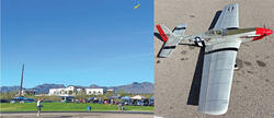 Split image: left shows a field with blue sky; right shows a model aircraft on the ground.