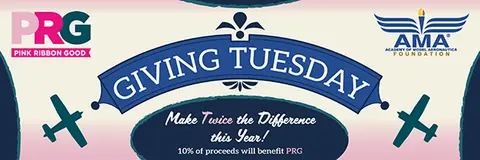 Giving Tuesday banner with PRG and AMA logos, airplane graphics, text promoting donations.