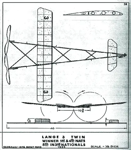 Blueprint of a twin-propeller model aircraft, labeled "Lange 3 Twin."