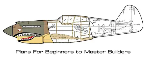 Illustration of an aircraft with interior plans, text reads "Plans For Beginners to Master Builders".