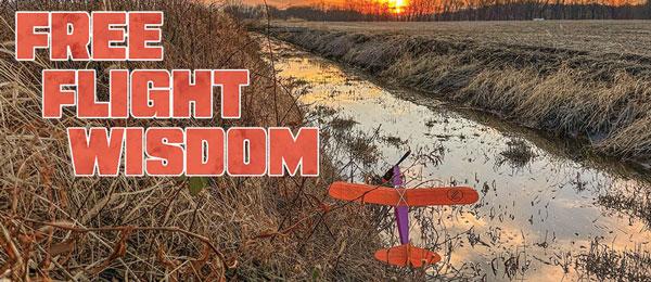Landscape with text "Free Flight Wisdom." Orange model plane near stream, sunset in background.