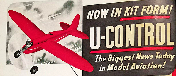 Red model airplane on an advertisement for U-Control aviation kits.