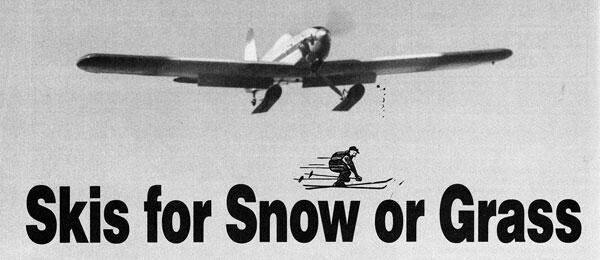 Plane above a skier; text reads "Skis for Snow or Grass."