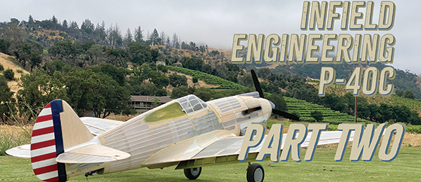 A model aircraft with striped tail on a grassy field, hills and trees in the background.