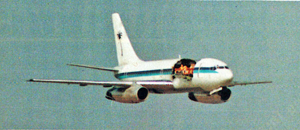 Small white jet with side cut open, sky in background.