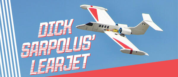 Learjet with red accents, blue sky background, stylized text: "Dick Sarpolus' Learjet".